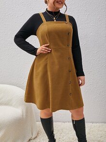 SHEIN Unity Plus Button Front Pinafore Dress Without Tee - Khaki - View 6