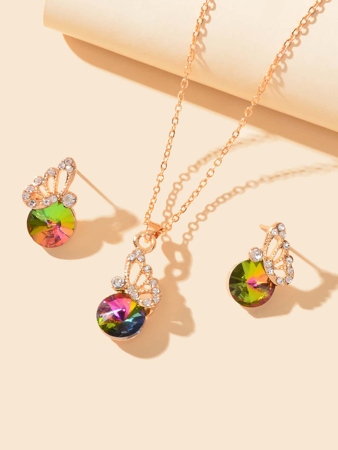 3pcs Cubic Zirconia Butterfly Charm Necklace - Yellow Gold - View 1