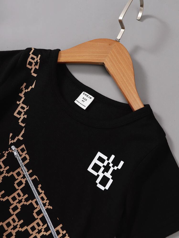 SHEIN ילד תיק & כיתוב גרפי חולצת טי ושורטס - שחור - ראה 5