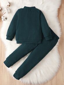 Toddler Boys Slogan Patched Mock Neck Sweatshirt & Joggers - Dark Green - View 2