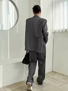 DAZY Double Breasted Flap Detail Blazer & Suit Pants,Fall Clothes Business Attire - Dark Grey - View 2