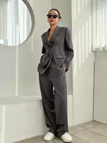 DAZY Double Breasted Flap Detail Blazer & Suit Pants,Fall Clothes Business Attire - Dark Grey - View 5