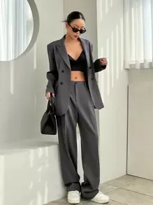 DAZY Double Breasted Flap Detail Blazer & Suit Pants,Fall Clothes Business Attire - Dark Grey - View 8