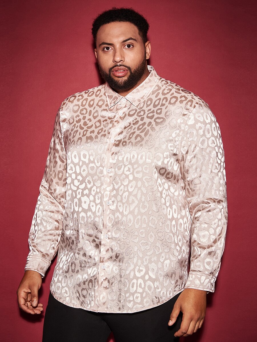 Manfinity Hombres Camisa de leopardo jacquard de satén - Rosa Pálido - Ver 1