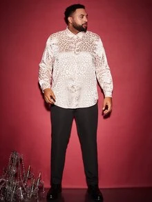 Manfinity Hombres Camisa de leopardo jacquard de satén - Rosa Pálido - Ver 5