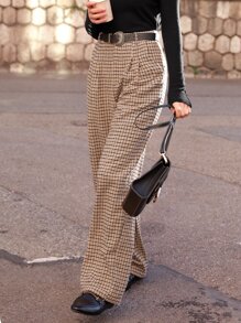 SHEIN Frenchy 格紋印花斜口袋闊腿粗花呢西裝褲不附腰帶 - 彩色 - 查看 1