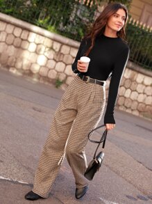 SHEIN Frenchy 格紋印花斜口袋闊腿粗花呢西裝褲不附腰帶 - 彩色 - 查看 2