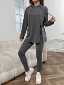 SHEIN Essnce Drop Shoulder Split Hem Drawstring Hoodie & Leggings - Dark Grey - View 2