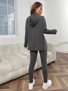 SHEIN Essnce Drop Shoulder Split Hem Drawstring Hoodie & Leggings - Dark Grey - View 4
