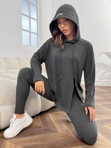 SHEIN Essnce Drop Shoulder Split Hem Drawstring Hoodie & Leggings - Dark Grey - View 3