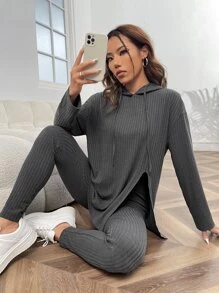 SHEIN Essnce Drop Shoulder Split Hem Drawstring Hoodie & Leggings - Dark Grey - View 1