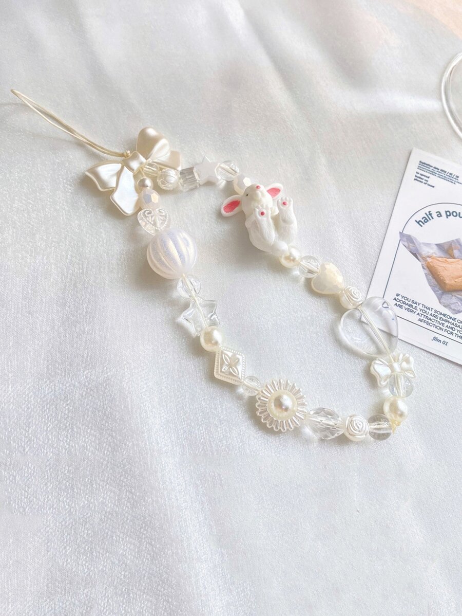 1 dây buộc điện thoại hình thỏ và ngọc trai giả trang trí - trắng - Xem 1