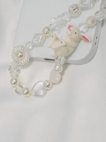 1 dây buộc điện thoại hình thỏ và ngọc trai giả trang trí - trắng - Xem 3