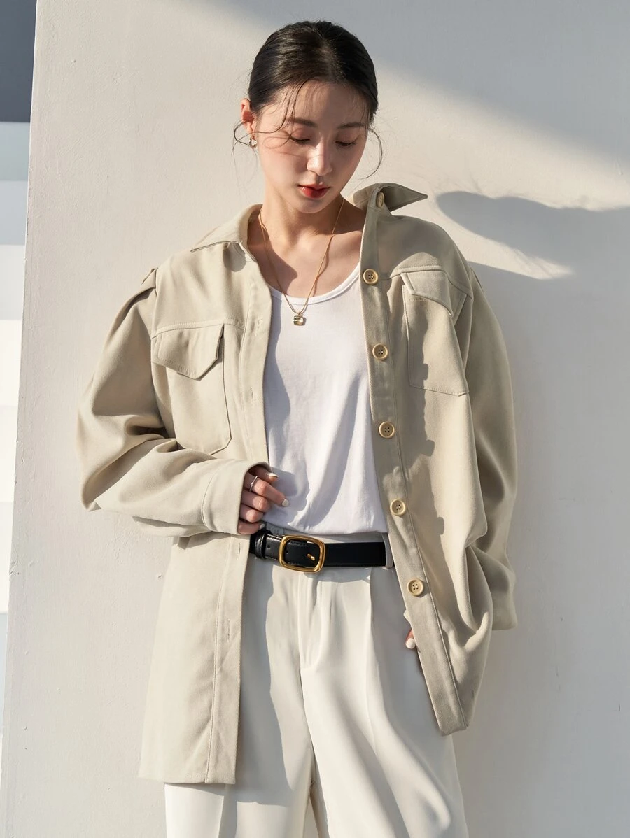 DAZY Flap Pocket Puff Sleeve Shirt - Apricot - View 1