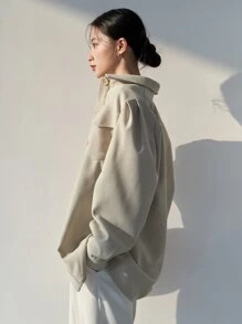 DAZY Flap Pocket Puff Sleeve Shirt - Apricot - View 2