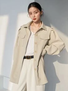 DAZY Flap Pocket Puff Sleeve Shirt - Apricot - View 3