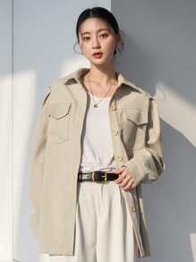 DAZY Flap Pocket Puff Sleeve Shirt - Apricot - View 7