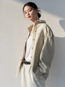 DAZY Flap Pocket Puff Sleeve Shirt - Apricot - View 8