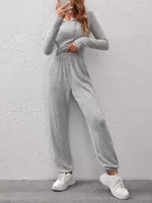 SHEIN EZwear Pantalones deportivos con sudadera unicolor tejido de canalé - Gris Claro - Ver 3