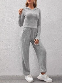 SHEIN EZwear Pantalones deportivos con sudadera unicolor tejido de canalé - Gris Claro - Ver 4