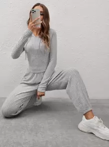 SHEIN EZwear Pantalones deportivos con sudadera unicolor tejido de canalé - Gris Claro - Ver 2