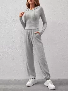 SHEIN EZwear Pantalones deportivos con sudadera unicolor tejido de canalé - Gris Claro - Ver 6