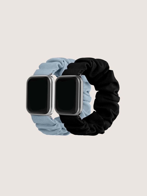 2pcs Men Women Fashion Blue & Black Scrunchie Design Fabric Watchband, Compatible With Apple Watch 38mm 40mm 41mm 42mm 44mm 45mm 49mm, Elastic Solo Loop Bands Women Bracelet Strap Compatible With Apple Watch Series 8 7 6 5 4 3 2 1 SE