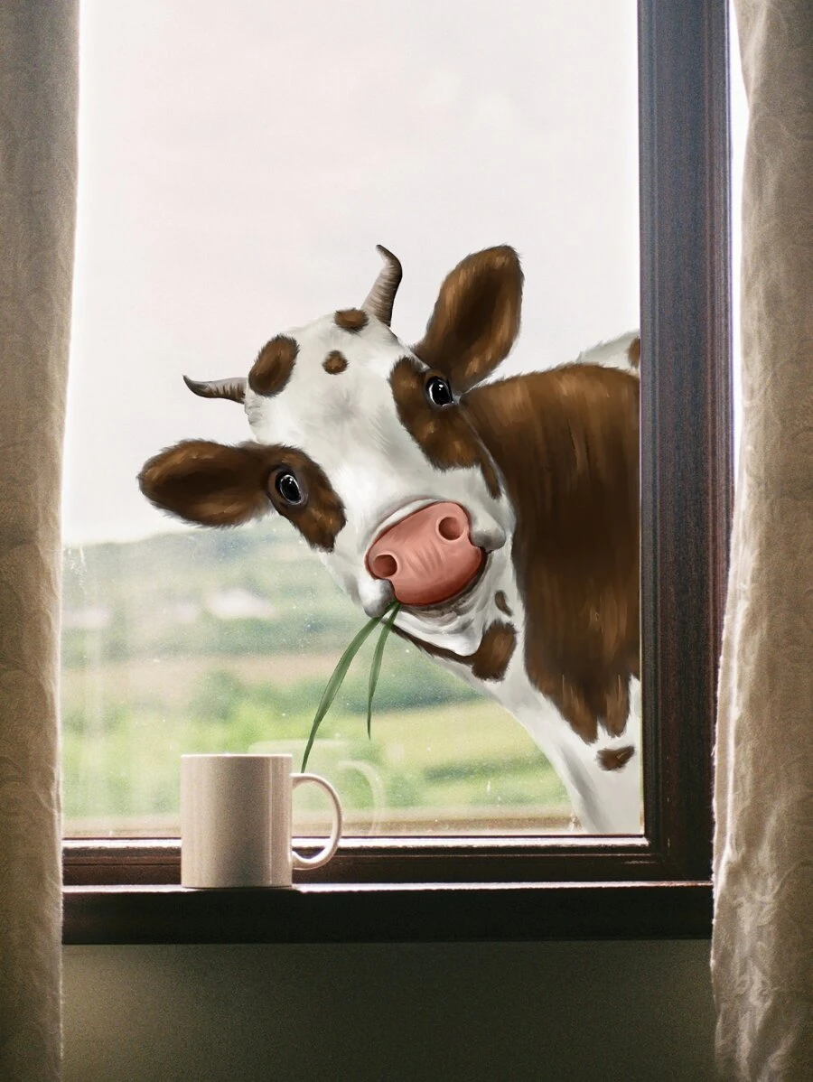 1pc Animal Print Wall Sticker, Cartoon PVC Cow Print Wall Decal For Home Decoration, Stickers, Wall Decal, Vinyl Decal For Home Decorations, Spring Decoration Items Refresh Your Home, Rama Decoration Stickers - Multicolor - View 1