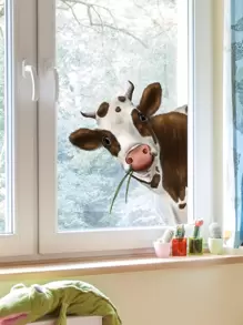 1pc Animal Print Wall Sticker, Cartoon PVC Cow Print Wall Decal For Home Decoration, Stickers, Wall Decal, Vinyl Decal For Home Decorations, Spring Decoration Items Refresh Your Home, Rama Decoration Stickers - Multicolor - View 5