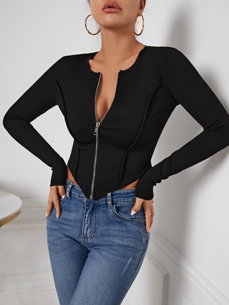 SHEIN Essnce Zip Up Seam Detail Hanky Hem Tee - Black - View 1