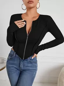 SHEIN Essnce Zip Up Seam Detail Hanky Hem Tee - Black - View 4