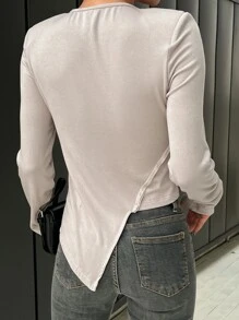 DAZY Cut Out Asymmetrical Hem Ribbed Knit Tee - Beige - View 2