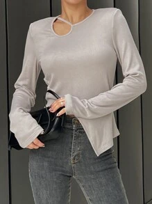 DAZY Cut Out Asymmetrical Hem Ribbed Knit Tee - Beige - View 5