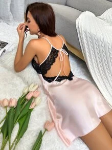 Contrast Lace Satin Cami Night Dress - Baby Pink - View 3