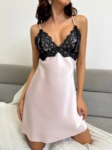 Contrast Lace Satin Cami Night Dress - Baby Pink - View 5