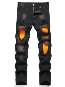 Men Ripped Frayed Contrast Panel Jeans - Black - View 1