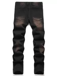 Men Ripped Frayed Contrast Panel Jeans - Black - View 2