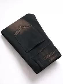 Men Ripped Frayed Contrast Panel Jeans - Black - View 3