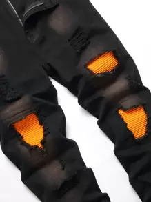 Men Ripped Frayed Contrast Panel Jeans - Black - View 5