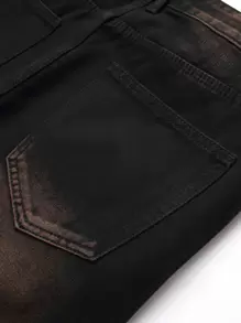 Men Ripped Frayed Contrast Panel Jeans - Black - View 7