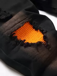 Men Ripped Frayed Contrast Panel Jeans - Black - View 8