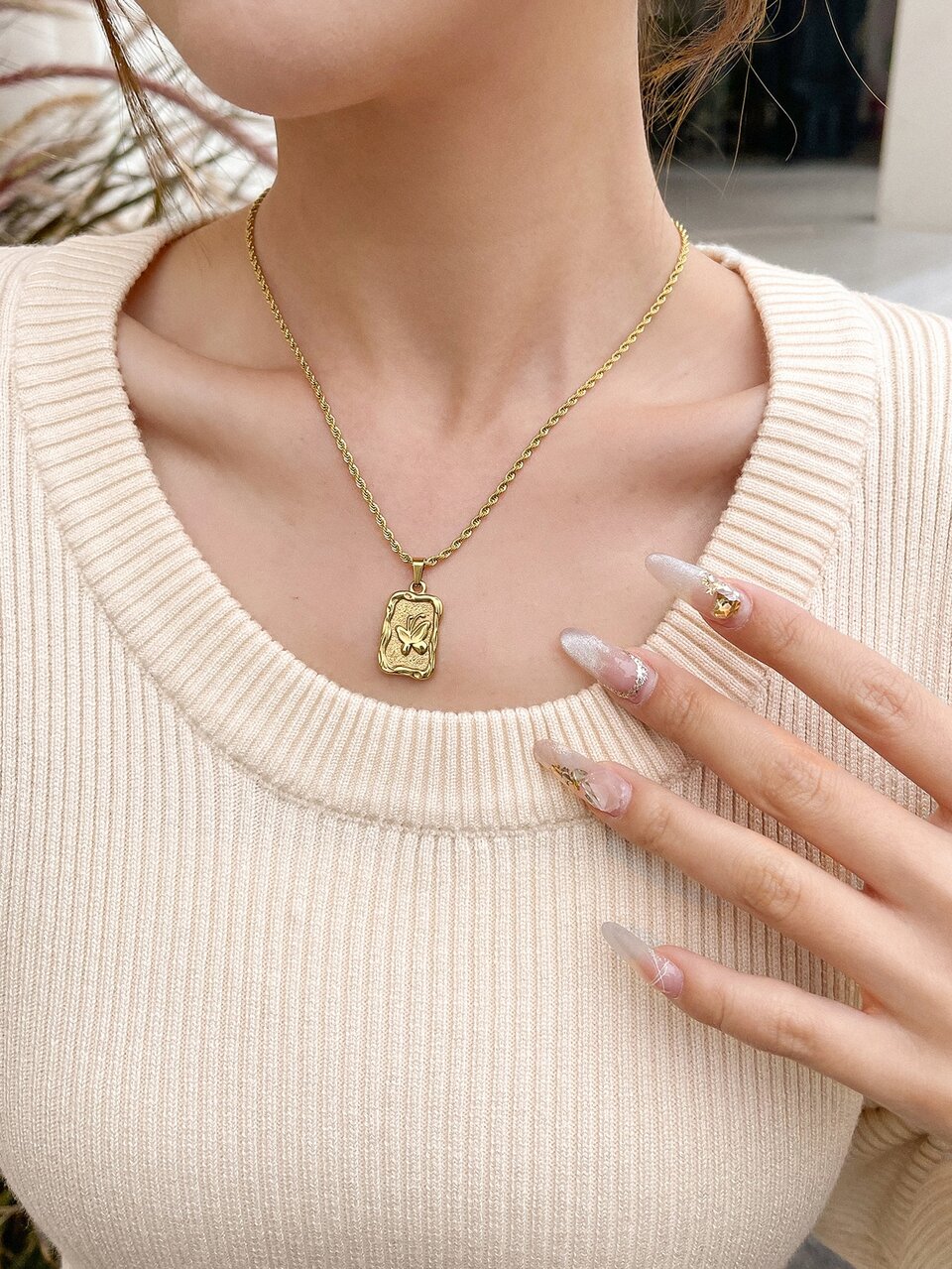Butterfly Detail Rectangle Charm Necklace