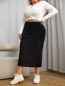 SHEIN Essnce Falda de talle alto bajo con abertura tejido de canalé - Negro - Ver 3