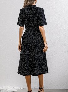 SHEIN LUNE Polka Dot Print Frill Neck Butterfly Sleeve Dress - Black - View 3