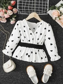 SHEIN Toddler Girls Heart Print Flounce Sleeve Peplum Blouse - White - View 1