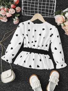 SHEIN Toddler Girls Heart Print Flounce Sleeve Peplum Blouse - White - View 2