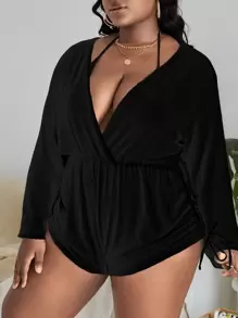 Swim Vcay Summer Beach Plus Drawstring Side Cover Up Romper Without Bikini - Black - View 3