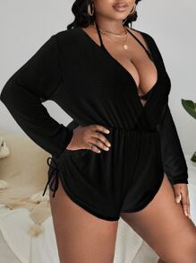 Swim Vcay Summer Beach Plus Drawstring Side Cover Up Romper Without Bikini - Black - View 4
