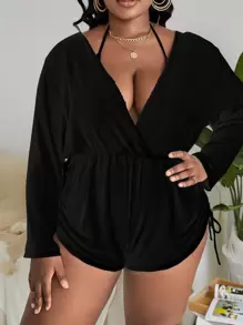 Swim Vcay Summer Beach Plus Drawstring Side Cover Up Romper Without Bikini - Black - View 6