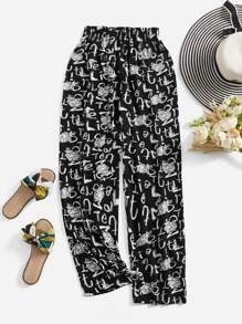 Allover Print Elastic Waist Sleep Trousers - Black - View 1